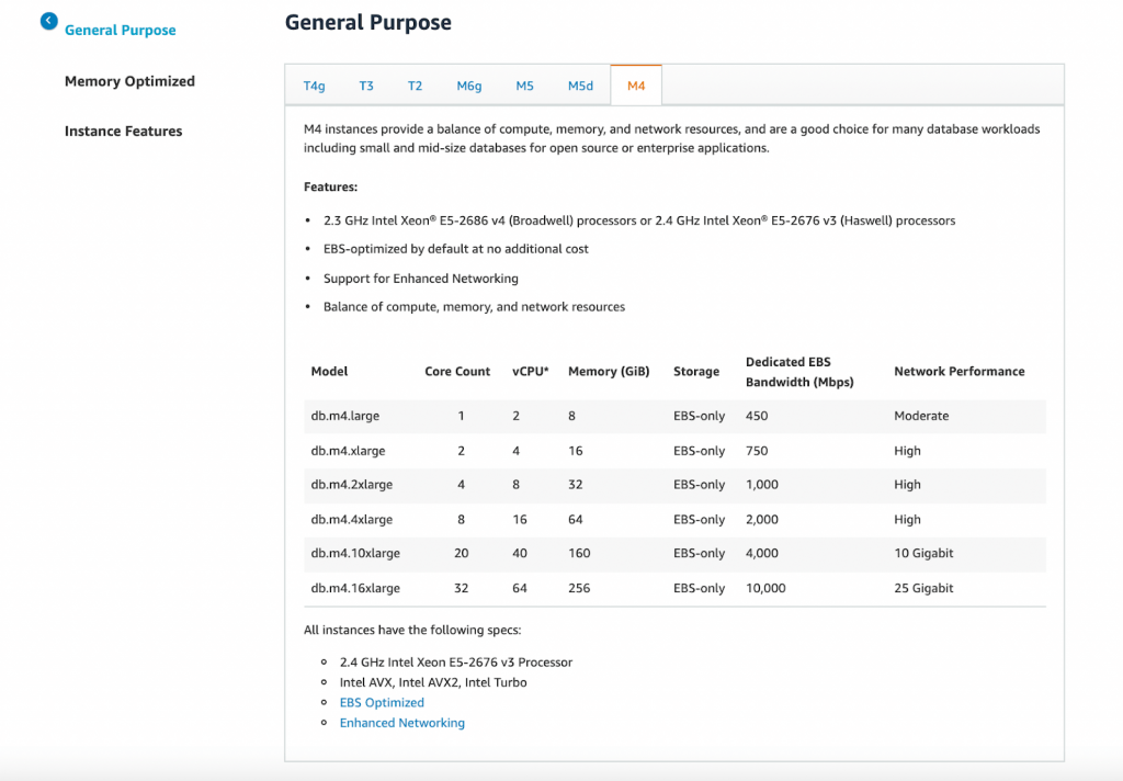 AWS: RDS General Purpose Instance Types: M4