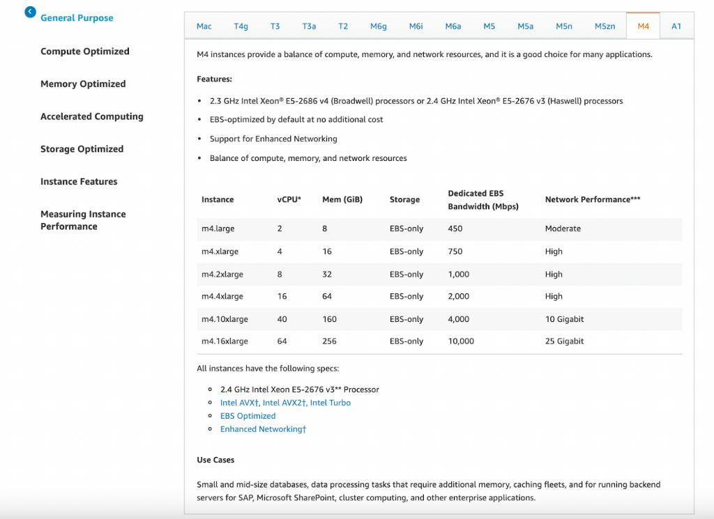 Example of the General Purpose EC2 instance type with M4 parameter